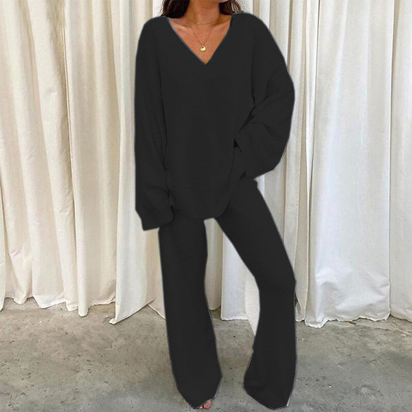 Solid V-Neck Casual Daily Home Warmer Two-Piece Set