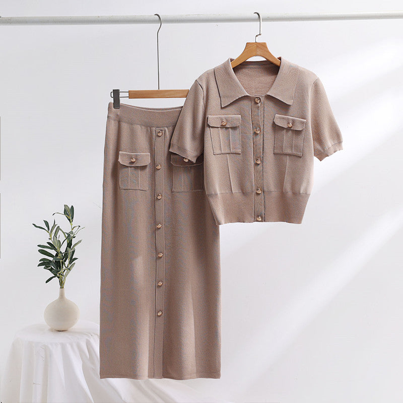 Polo Collar Sweater With Short Sleeves Skirt Knitted Two-piece