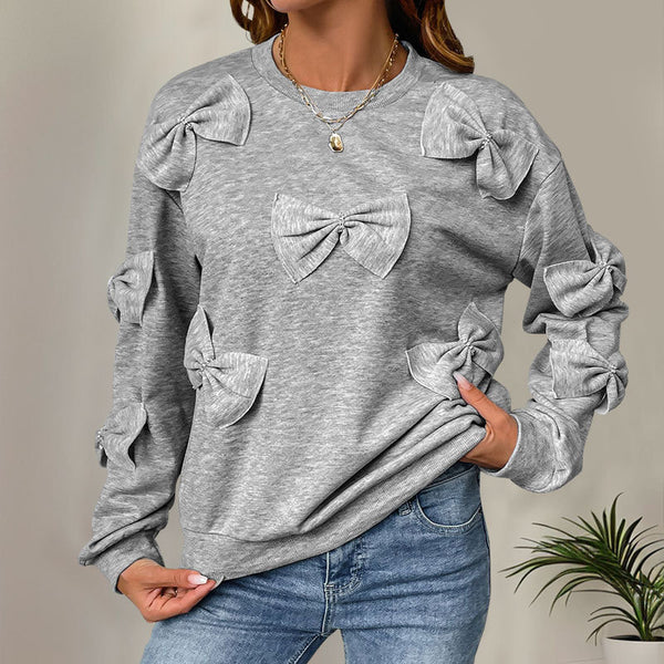 Casual Cool Bow Stitching Gray Round-neck Sweater