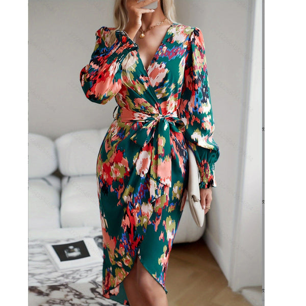 Artistic Retro V-neck Long Sleeved Dress
