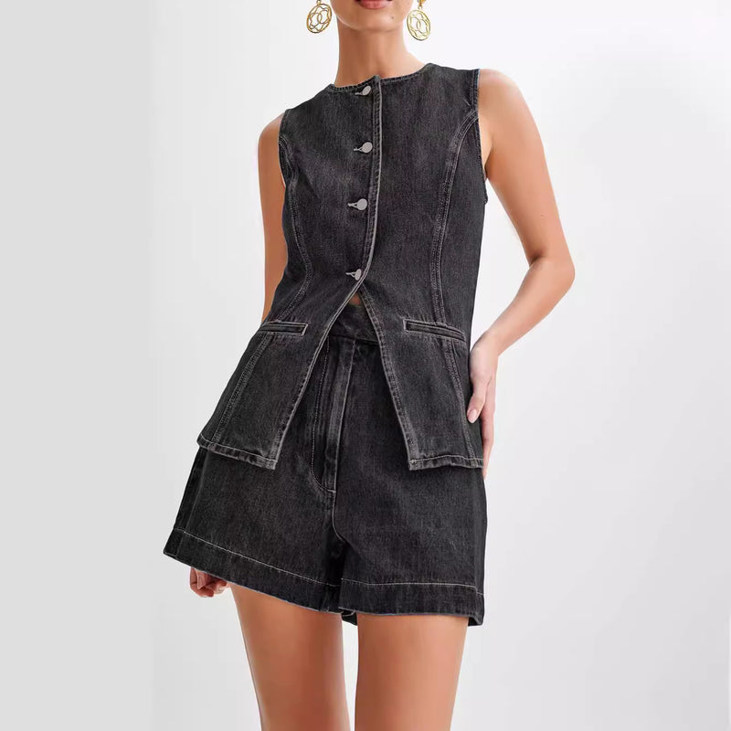 Denim Casual Sleeveless Women's Suit