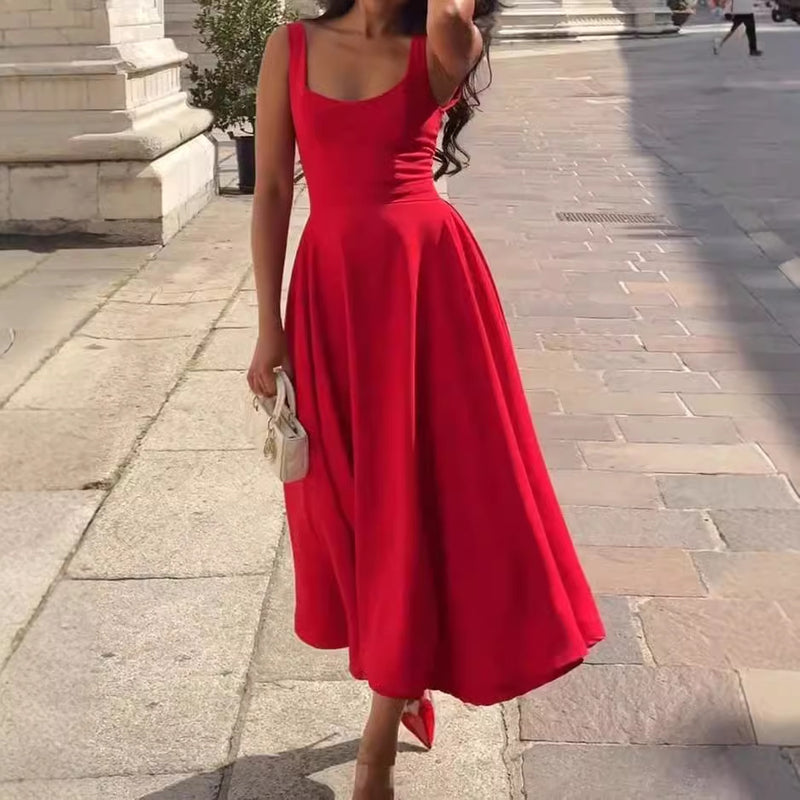 Solid Color Square Collar Sling Dress