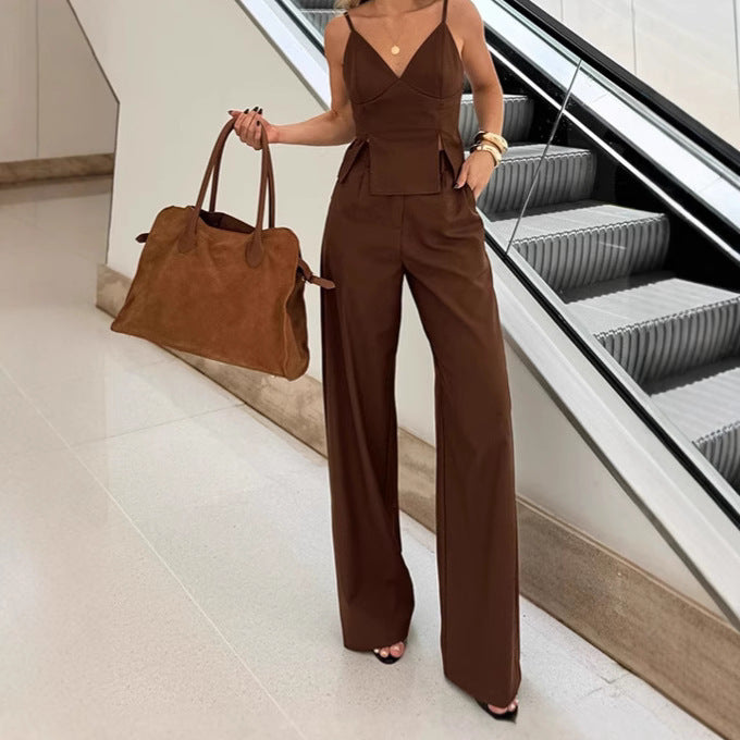 Brown Sleeveless V-neck Brace Split Vest Trousers Suit