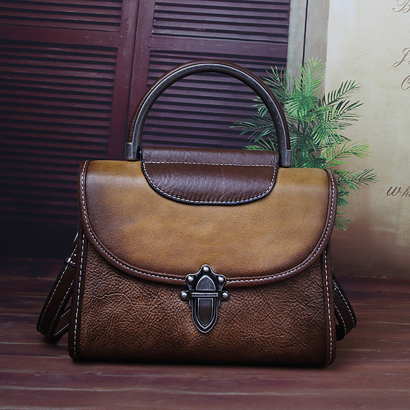2023 New First Layer Cowhide Mini Bag Artificial Color Retro Style Chinese Style Shoulder Crossbody Bag For Women