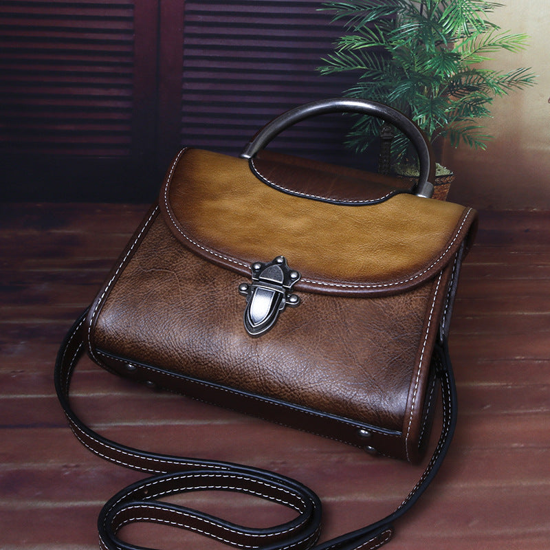 2023 New First Layer Cowhide Mini Bag Artificial Color Retro Style Chinese Style Shoulder Crossbody Bag For Women