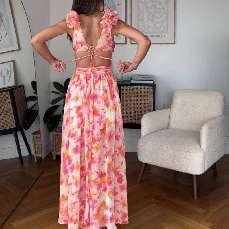 Casual Home Floral Backless Dress