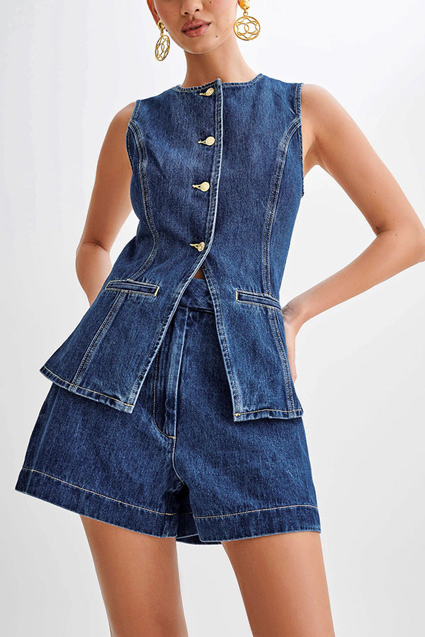 Denim Casual Sleeveless Women's Suit