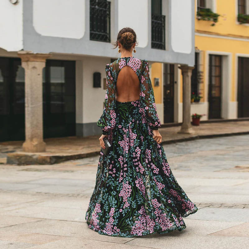Sexy Backless Slim Printed Dress Long Skirt
