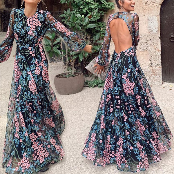 Sexy Backless Slim Printed Dress Long Skirt