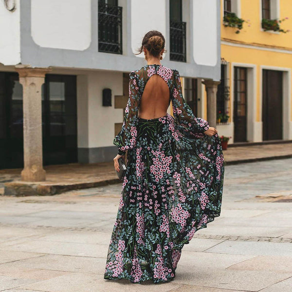 Sexy Backless Slim Printed Dress Long Skirt