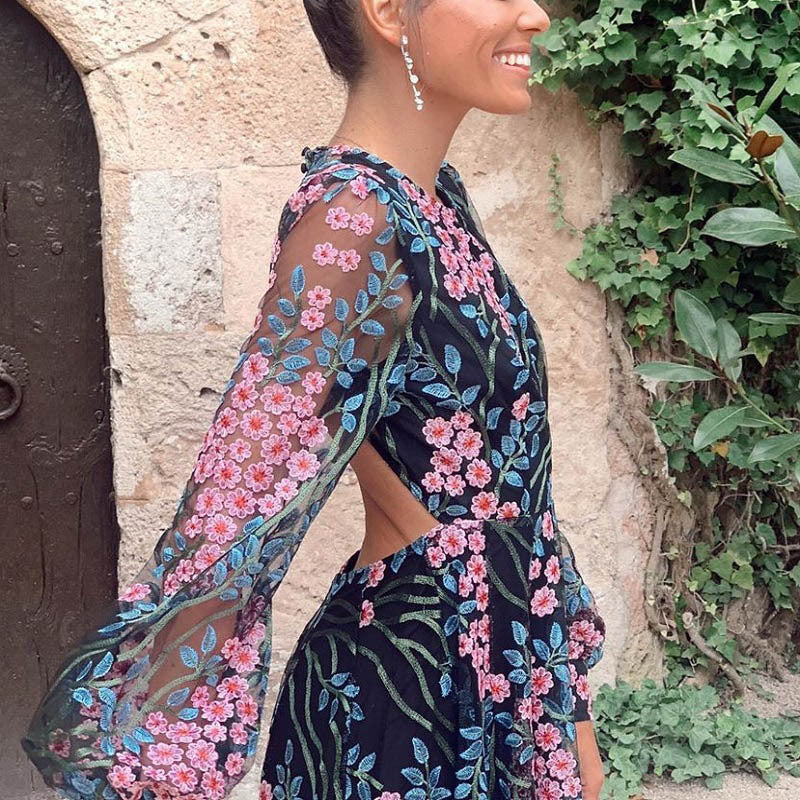 Sexy Backless Slim Printed Dress Long Skirt