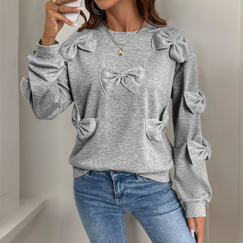 Casual Cool Bow Stitching Gray Round-neck Sweater