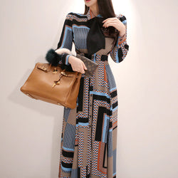 Elegant Butterfly Tie Tight Waist Large Swing Printed Long Dress