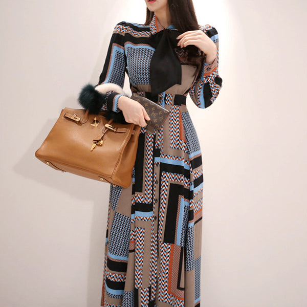 Elegant Butterfly Tie Tight Waist Large Swing Printed Long Dress