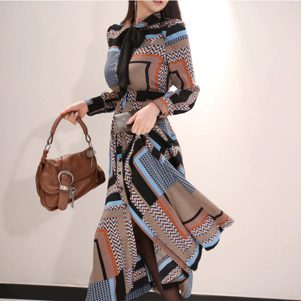 Elegant Butterfly Tie Tight Waist Large Swing Printed Long Dress