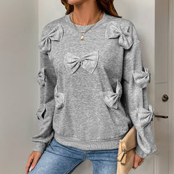 Casual Cool Bow Stitching Gray Round-neck Sweater