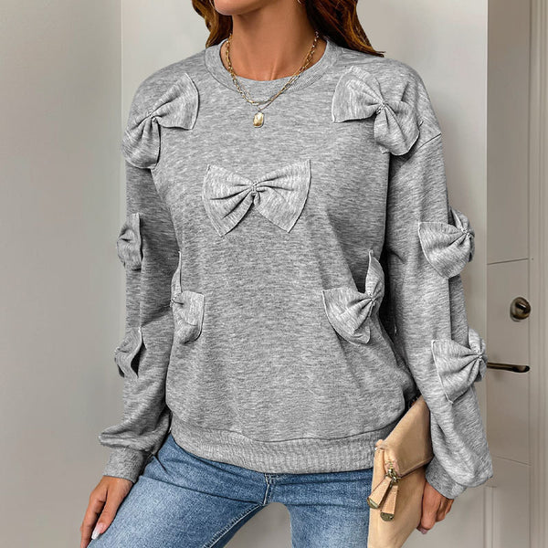 Casual Cool Bow Stitching Gray Round-neck Sweater