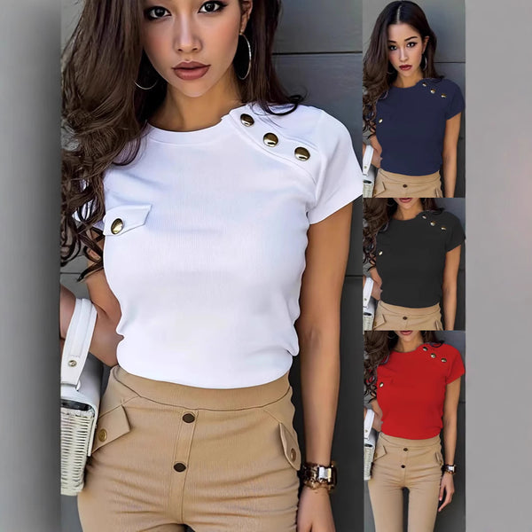 Button Solid Color Round Neck Short Sleeves Casual Top