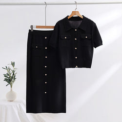 Polo Collar Sweater With Short Sleeves Skirt Knitted Two-piece