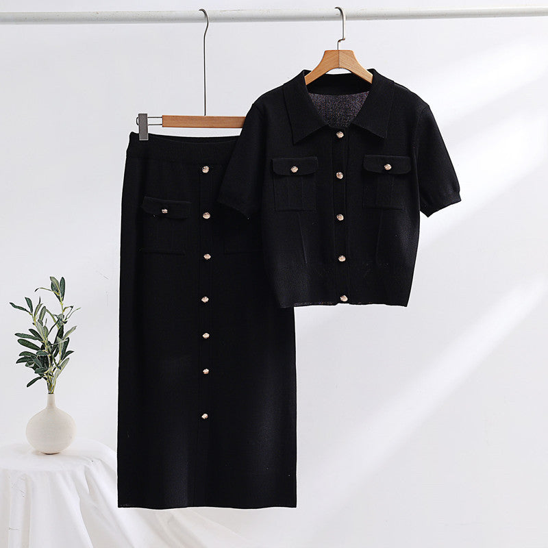 Polo Collar Sweater With Short Sleeves Skirt Knitted Two-piece