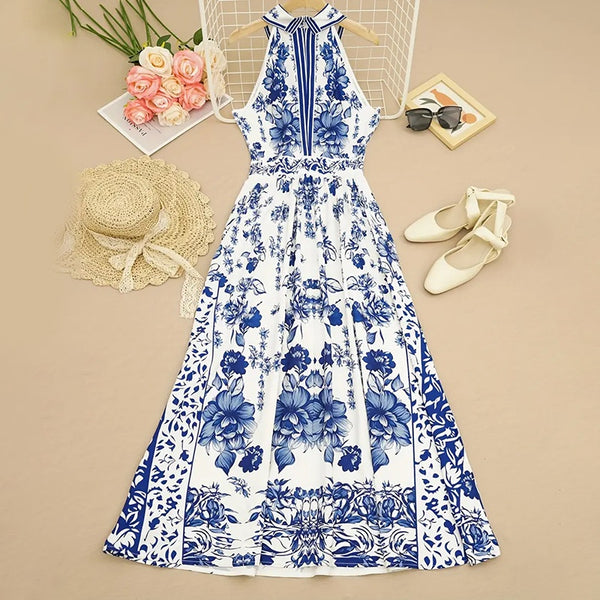 Floral Print Halter Neck Tie-Waist A-Line Summer Dress