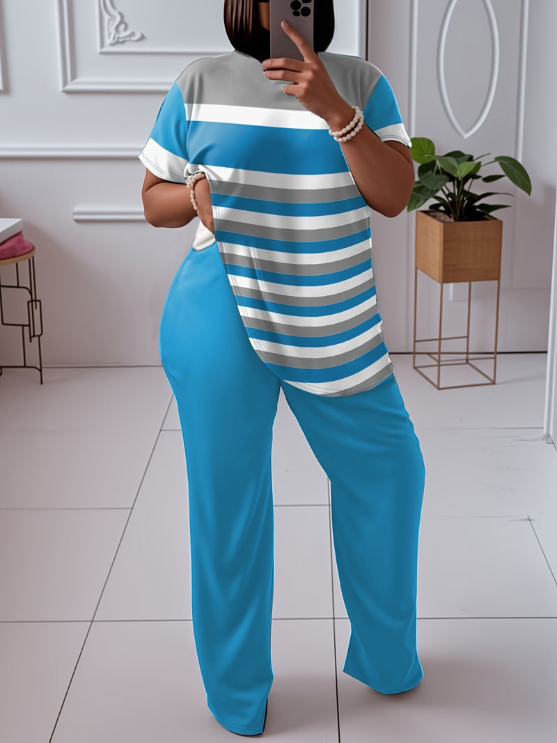 Contrast Striped Short Sleeve With Wide Leg Pants