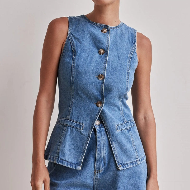 Denim Casual Sleeveless Women's Suit