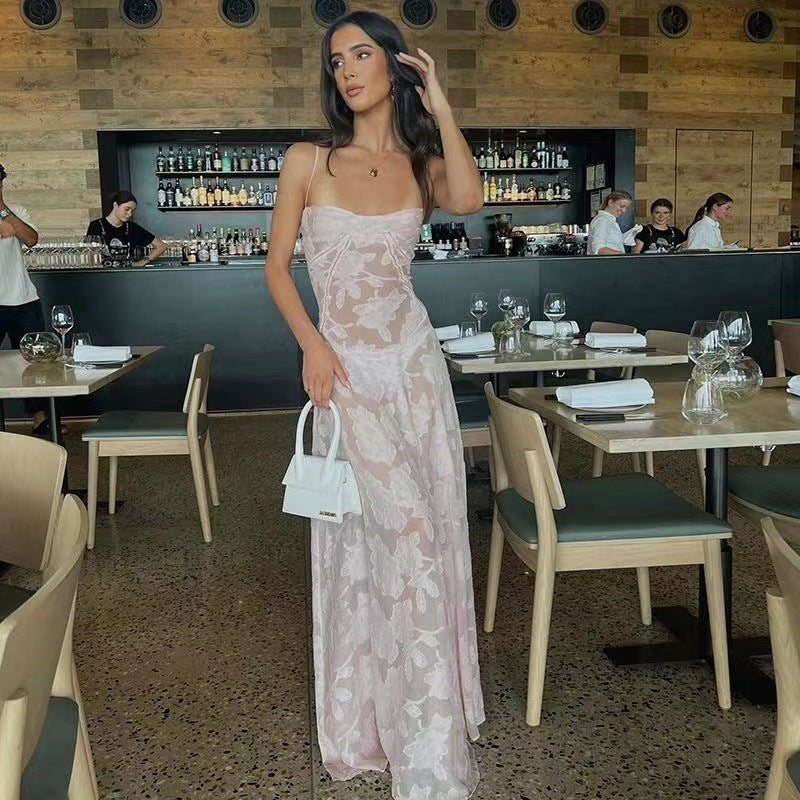 Suspender Summer Slim Back Lace-up Long Dress