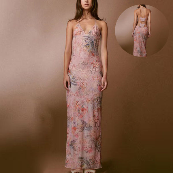 Floral Halter Spaghetti Straps Slim Butterfly Back Dress