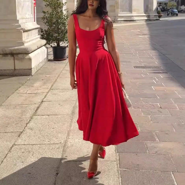 Solid Color Square Collar Sling Dress