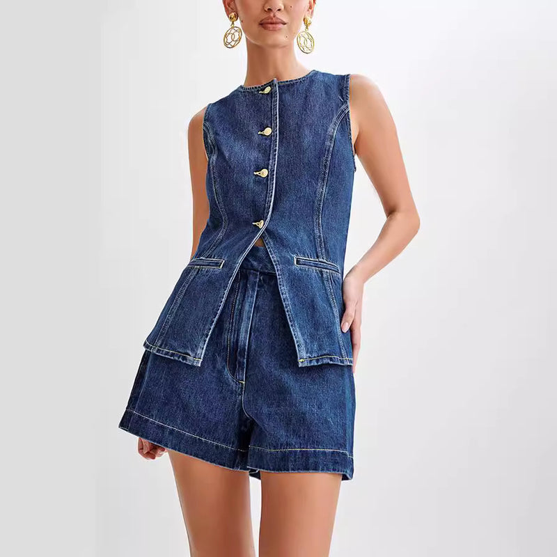Denim Casual Sleeveless Women's Suit