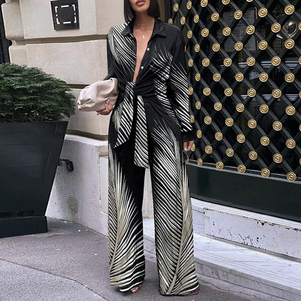 Printed Long-sleeved Trousers Casual Shirt Two-piece