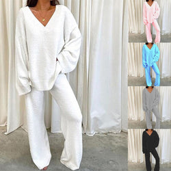 Solid V-Neck Casual Daily Home Warmer Two-Piece Set