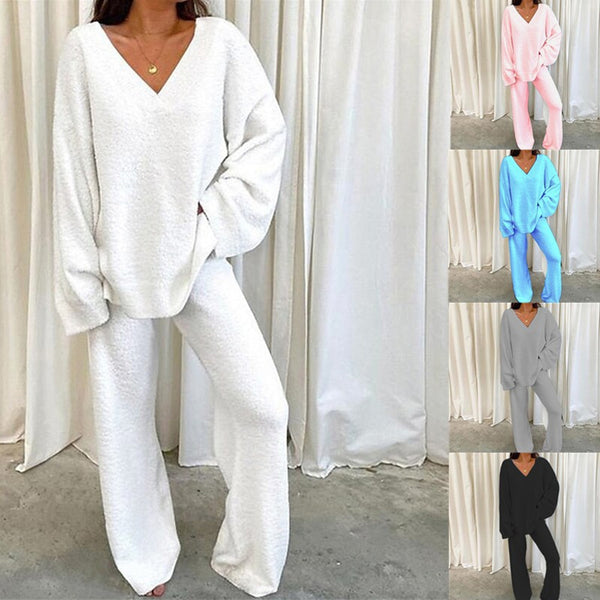 Solid V-Neck Casual Daily Home Warmer Two-Piece Set