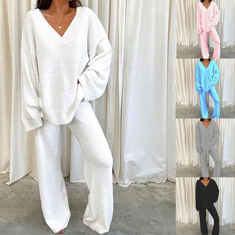 Solid V-Neck Casual Daily Home Warmer Two-Piece Set