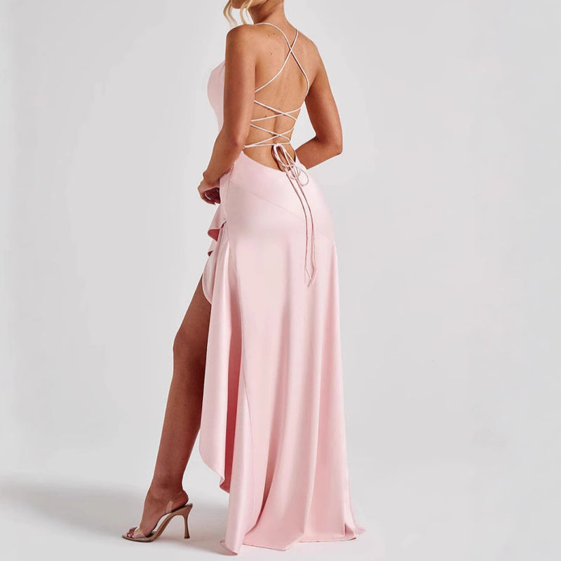 Backless Ruffles Irregular Split Suspender Dress