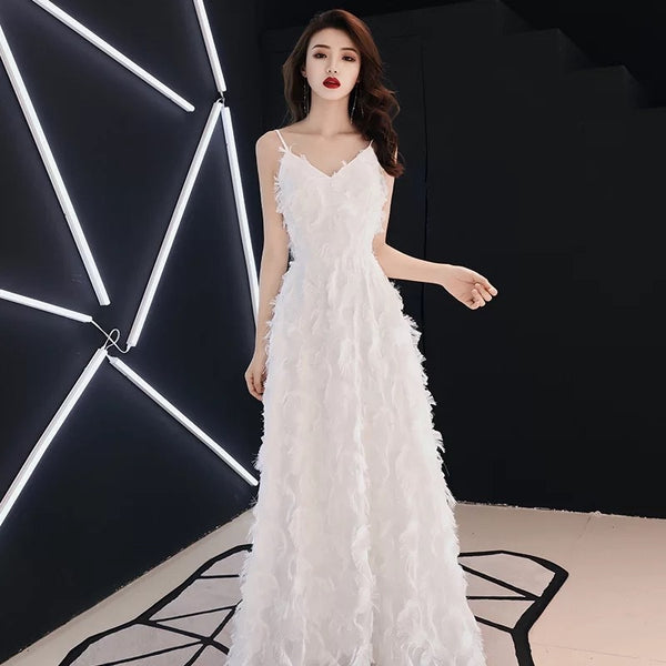Evening Dress Female White Suspenders