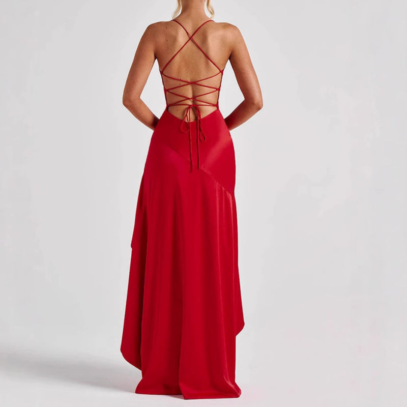 Backless Ruffles Irregular Split Suspender Dress