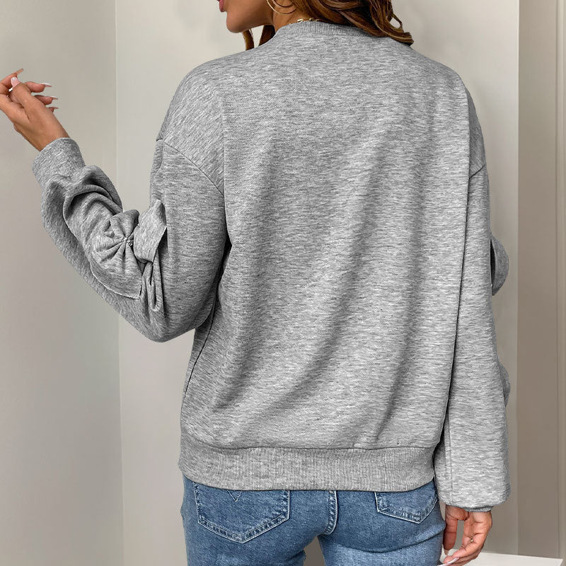 Casual Cool Bow Stitching Gray Round-neck Sweater