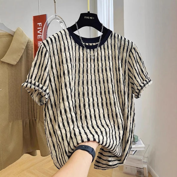 Casual Loose Textile Short Sleeve Stripes