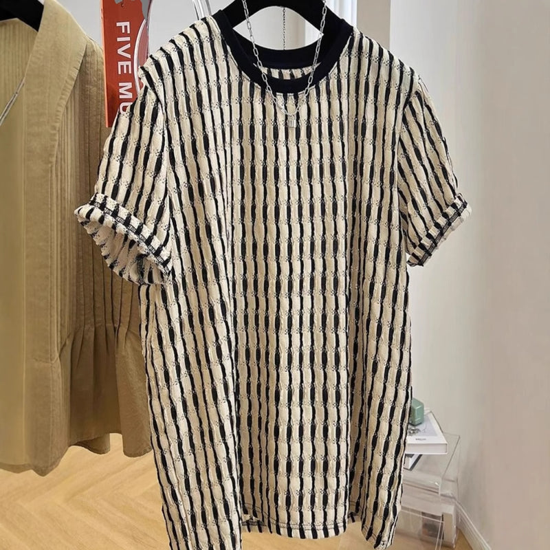 Casual Loose Textile Short Sleeve Stripes