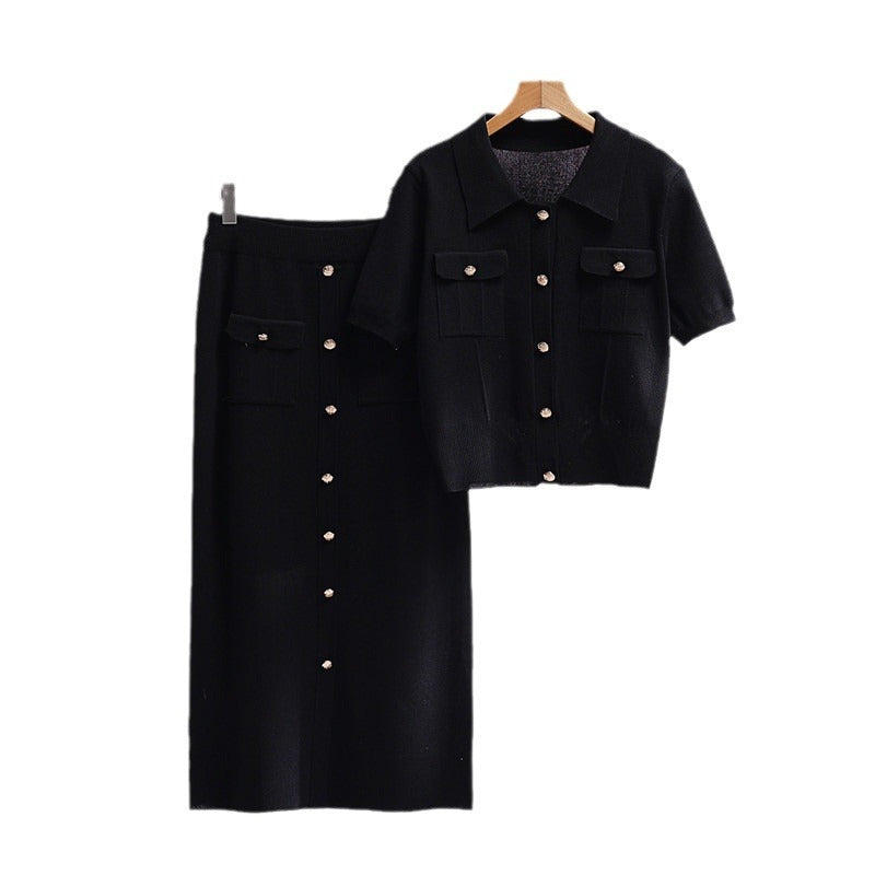Polo Collar Sweater With Short Sleeves Skirt Knitted Two-piece