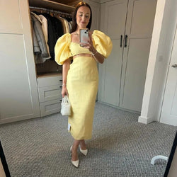 Vintage Puff Sleeve High Waist Dress