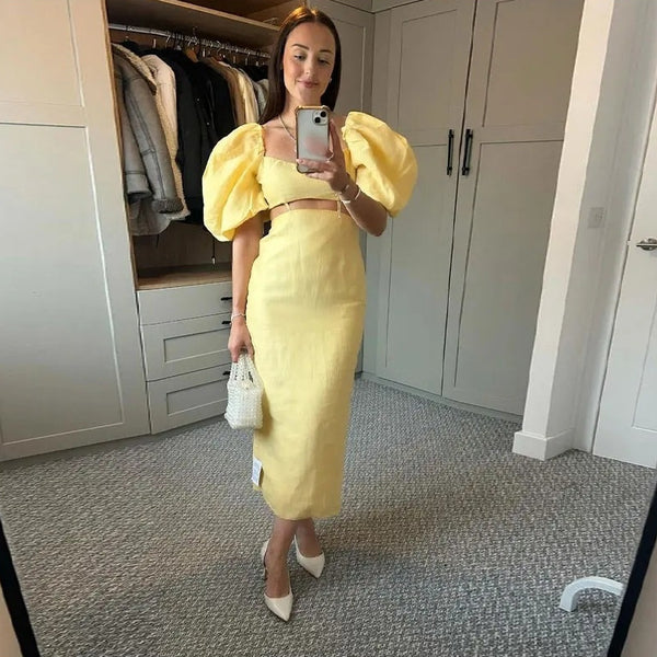 Vintage Puff Sleeve High Waist Dress