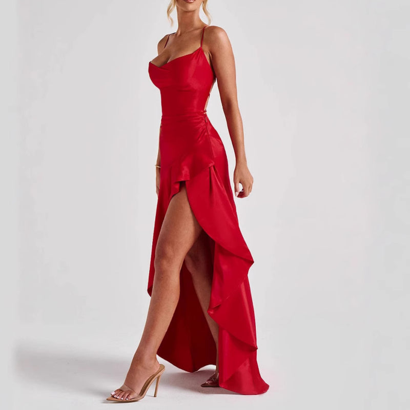 Backless Ruffles Irregular Split Suspender Dress