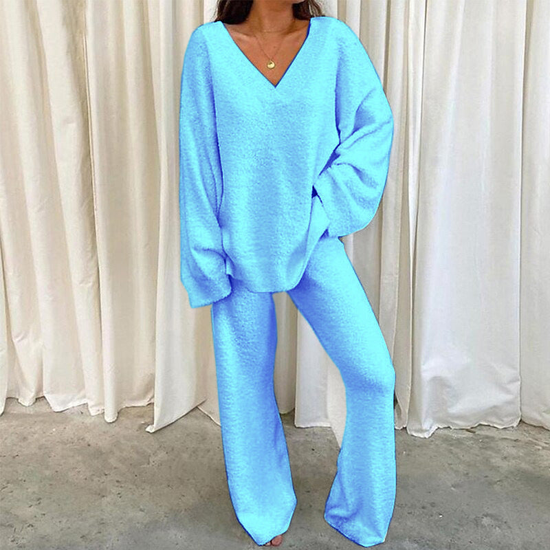 Solid V-Neck Casual Daily Home Warmer Two-Piece Set