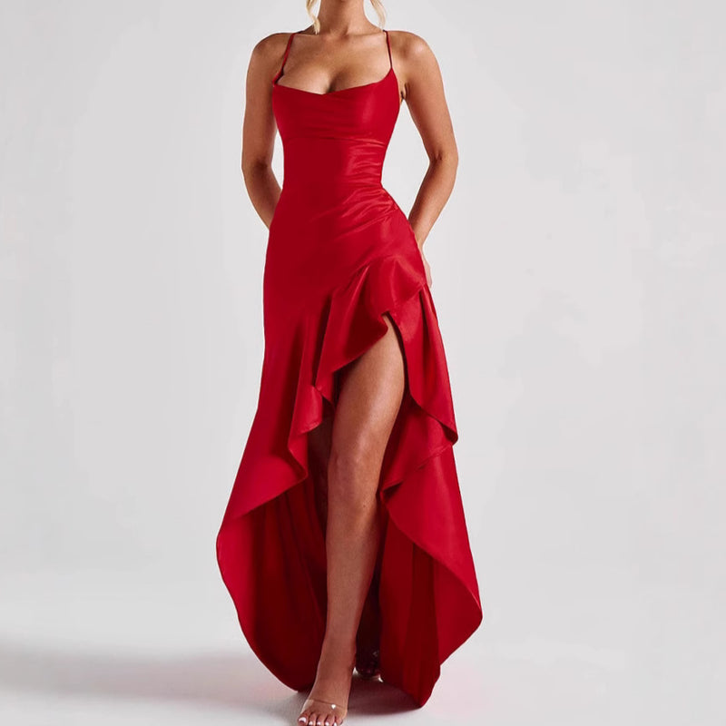Backless Ruffles Irregular Split Suspender Dress