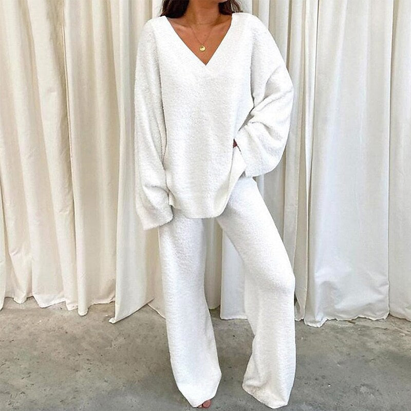 Solid V-Neck Casual Daily Home Warmer Two-Piece Set