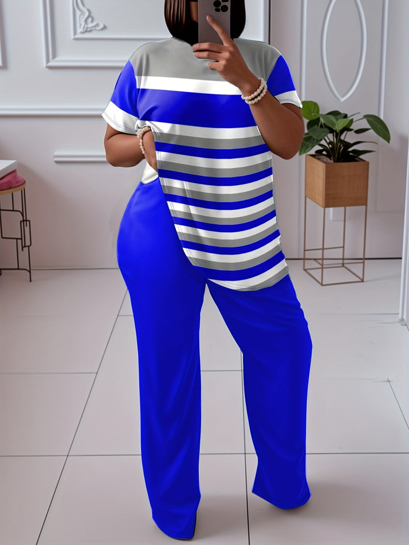 Contrast Striped Short Sleeve With Wide Leg Pants