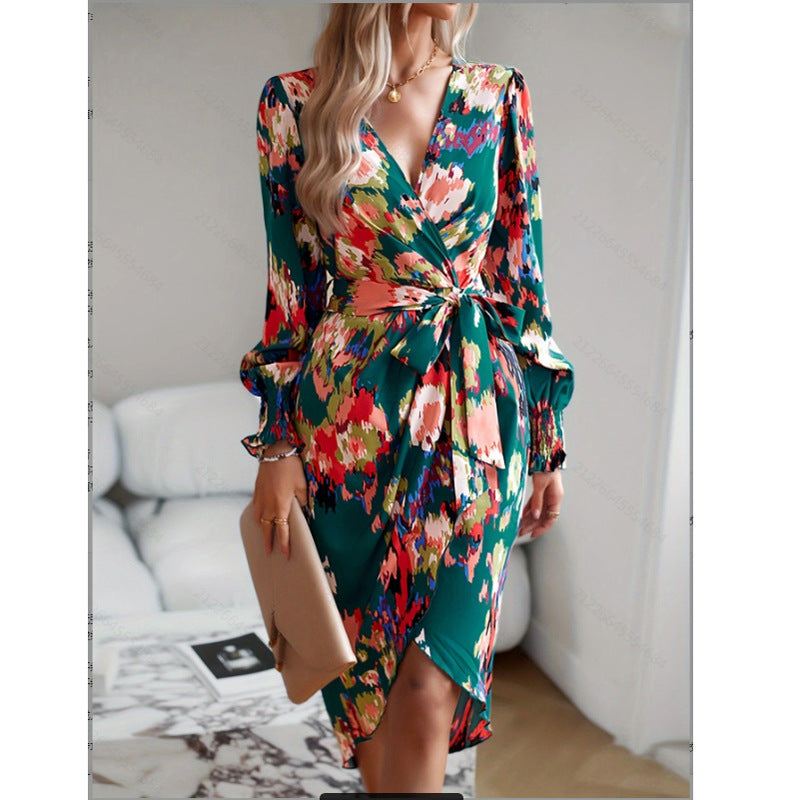 Artistic Retro V-neck Long Sleeved Dress